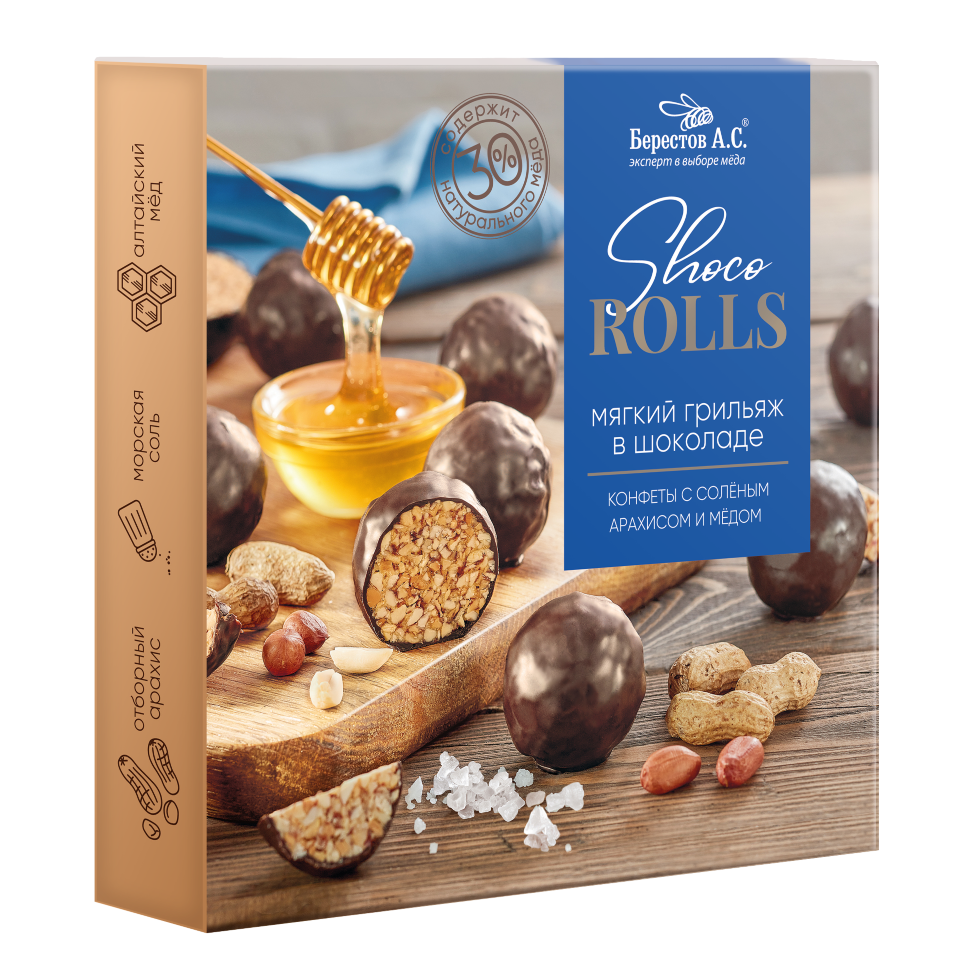  Берестов Shoco Rolls конфеты с арахисом, солью и медом, 135г   в Новокуйбышевске